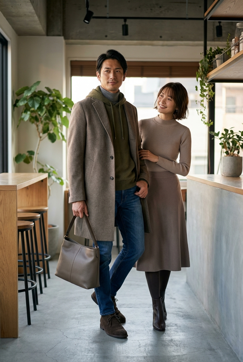 オリーブのカシミヤ混パーカーで温まる、冬の夕暮れの都会的なカフェワーク