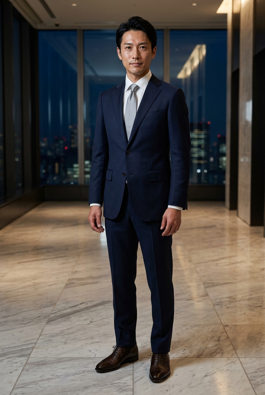 夜のプレゼンを成功に導く、シルバーグレーの差し色が映える端正なネイビースーツ