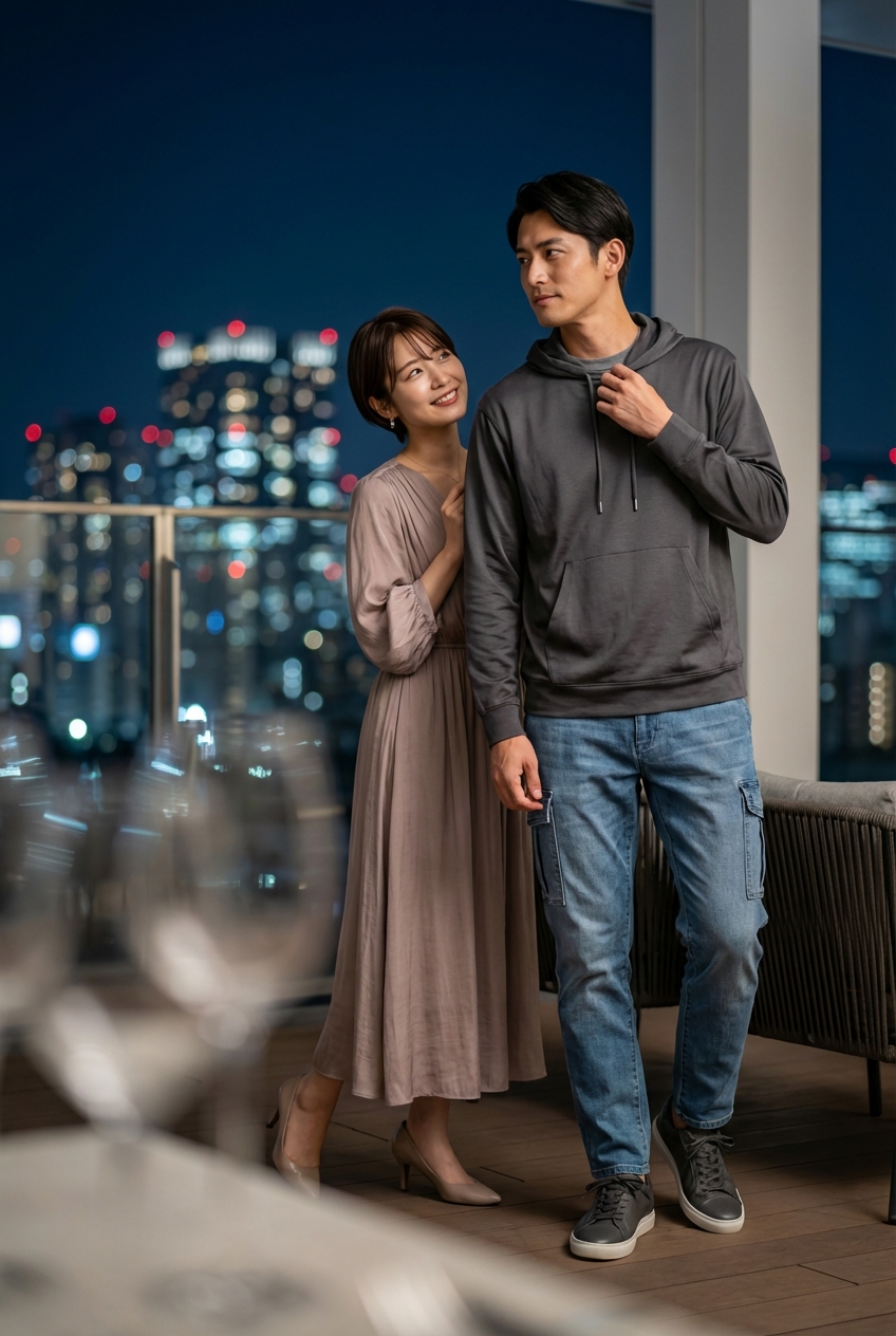 夜景ラウンジのチャコールグレー。主役のレザースニーカーで彩る都会の休日