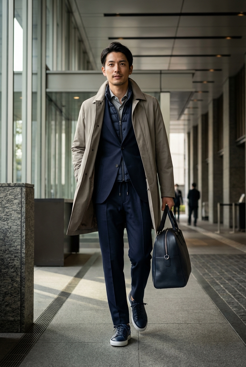ネイビーの機能美を纏い、グレージュのコートで駆ける夜のエグゼクティブ出張