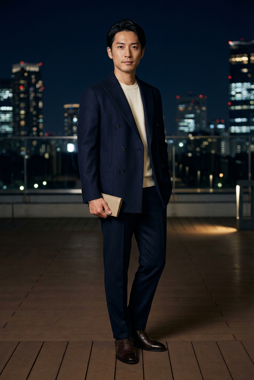 静寂に溶け込む気品、ミッドナイトネイビーのダブルブレストで描くレセプションスタイル