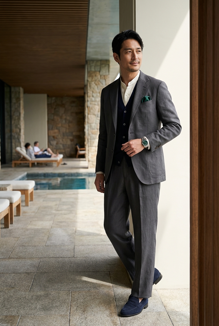 アイボリーのバンドカラーシャツが主役の、チャコールグレーと紡ぐ贅沢なバカンス