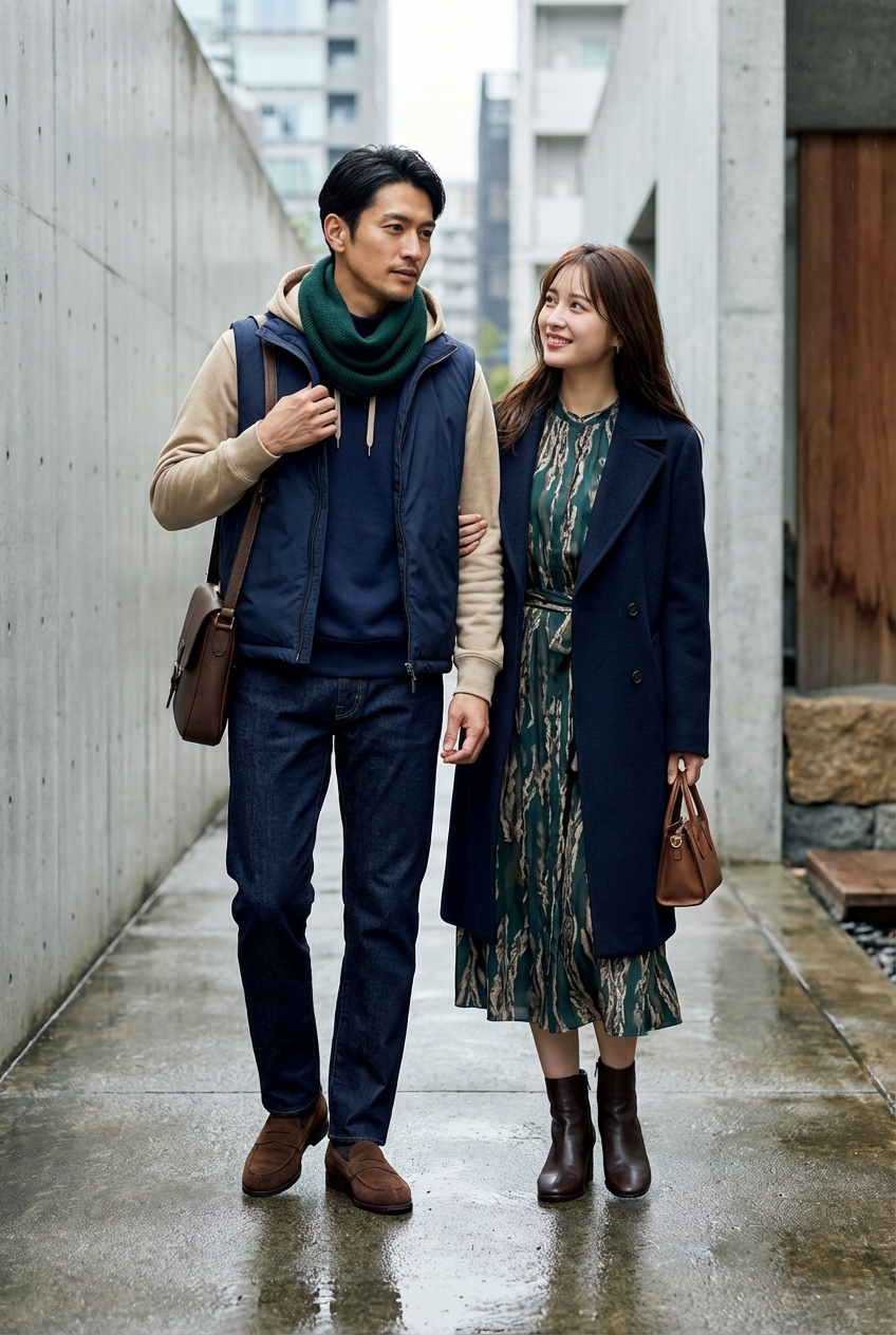 雨上がりの街を歩く、ベージュのパーカーと上質裏毛のモックネックスウェット