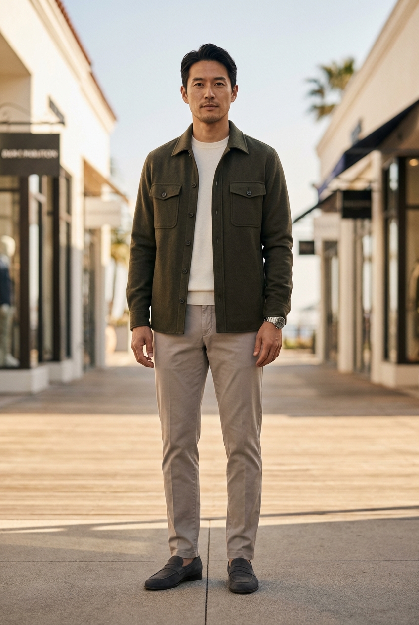 潮風が運ぶ優雅な冬の午後。都会的なモノトーンに潜むオリーブの品格