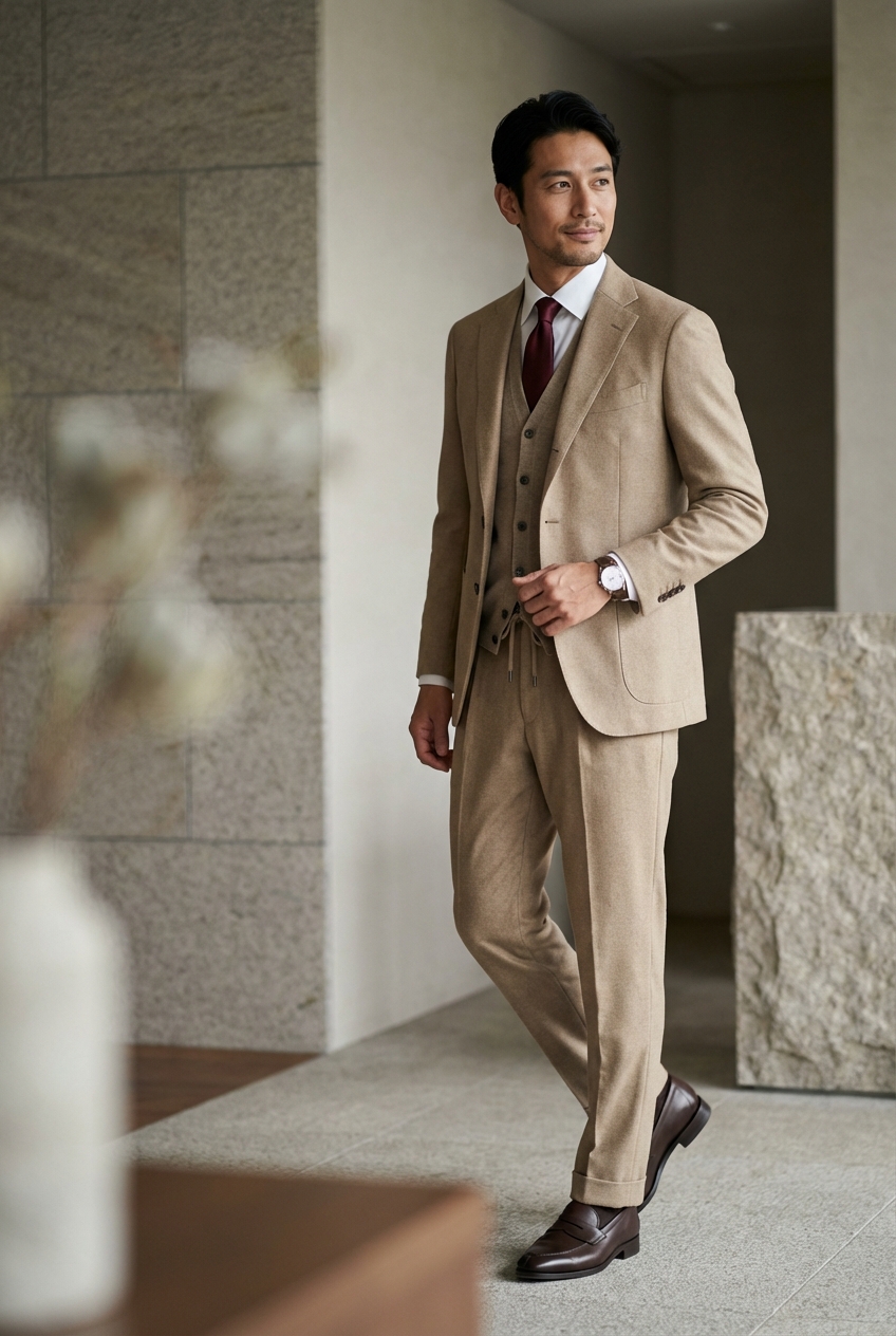 ベージュのセットアップとボルドーのシルクタイで挑む、都会的な勝負のプレゼン