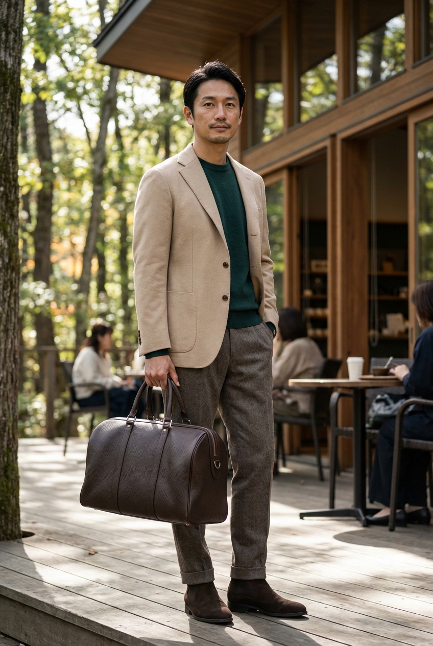 軽井沢の静寂に溶け込む英国的スタイル。最上のウールが紡ぐ贅沢な休日。