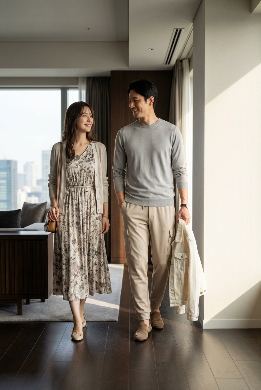 ベージュのシルク混スウェットパンツで魅せる、春のラウンジの洗練された休日