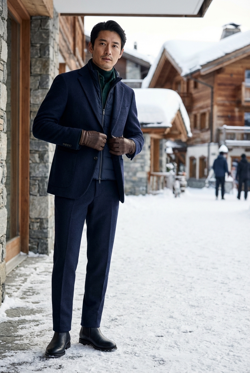 ネイビーの中綿入りミニマルベストが彩る冬の洗練セットアップ