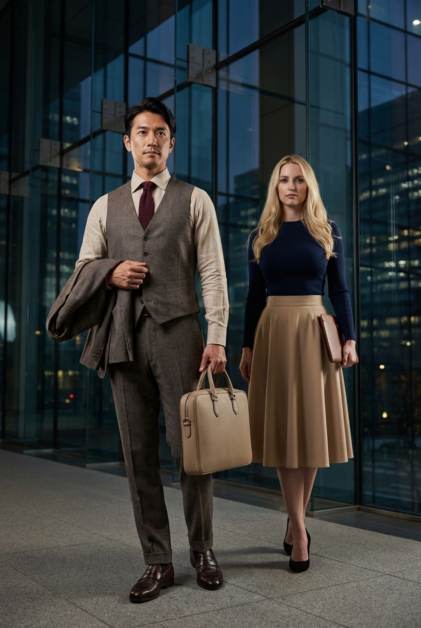 ベージュが導く洗練とチャコールグレーの品格。勝負のプレゼンを制するアーバンモダンな装い