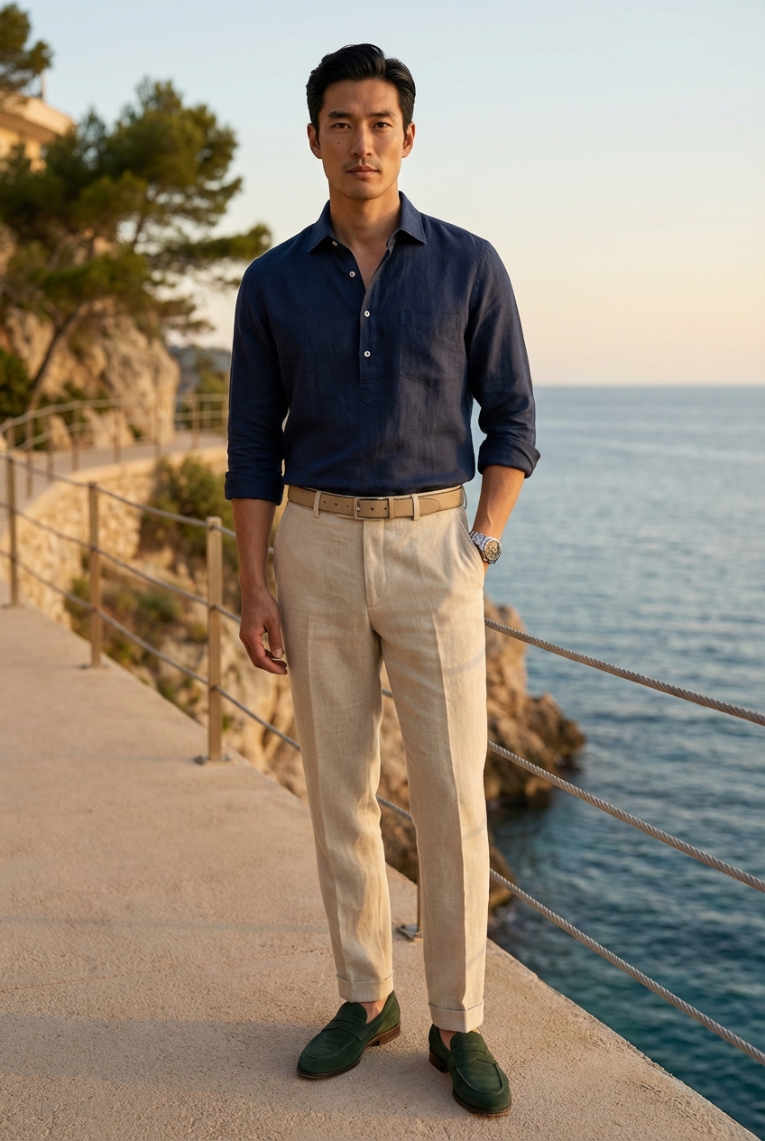 地中海リゾートのバカンスを彩るベージュのリネン服とサンドカラーのレザーベルト
