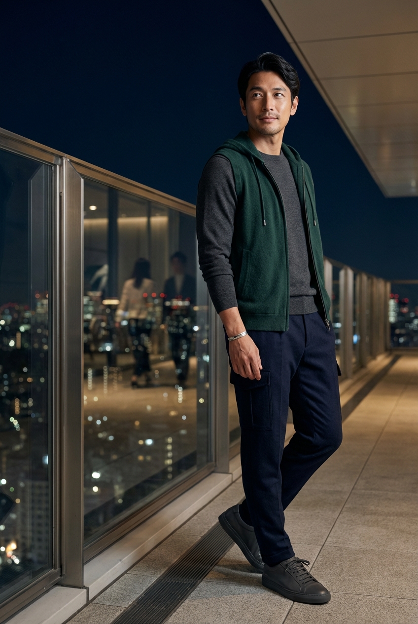 チャコールグレーの極上素材で魅せる夜景ラウンジのダークグレーレザースニーカー