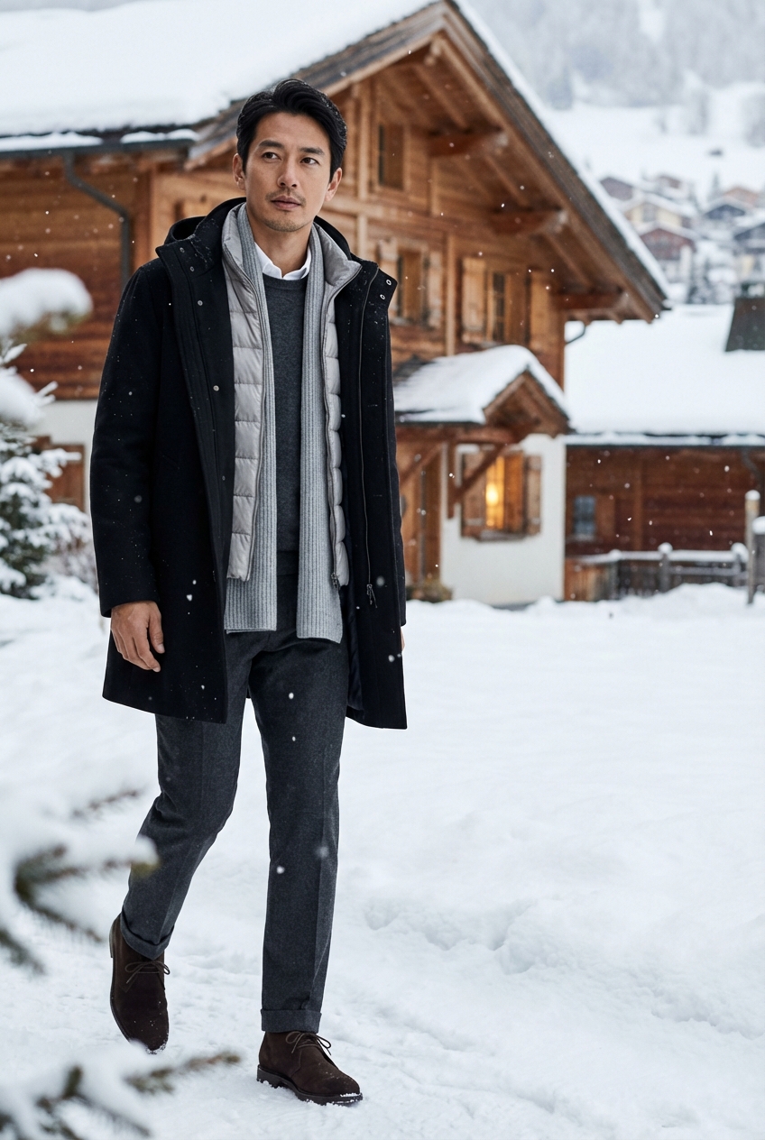ブラックのダウンライナー付きウールコートとチャコールグレーで綴る、冬のリゾートを彩る品格
