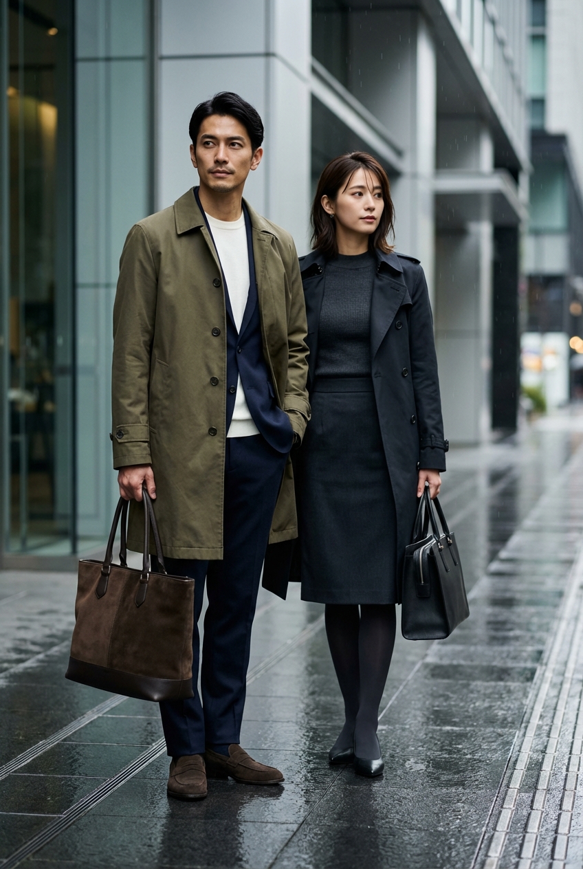 高密度コットンのステンカラーコートとオリーブで彩る、雨天の機能美セットアップ