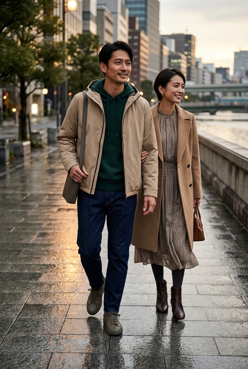 撥水素材のテックブルゾンとベージュで纏う、雨上がりの洗練された散歩道