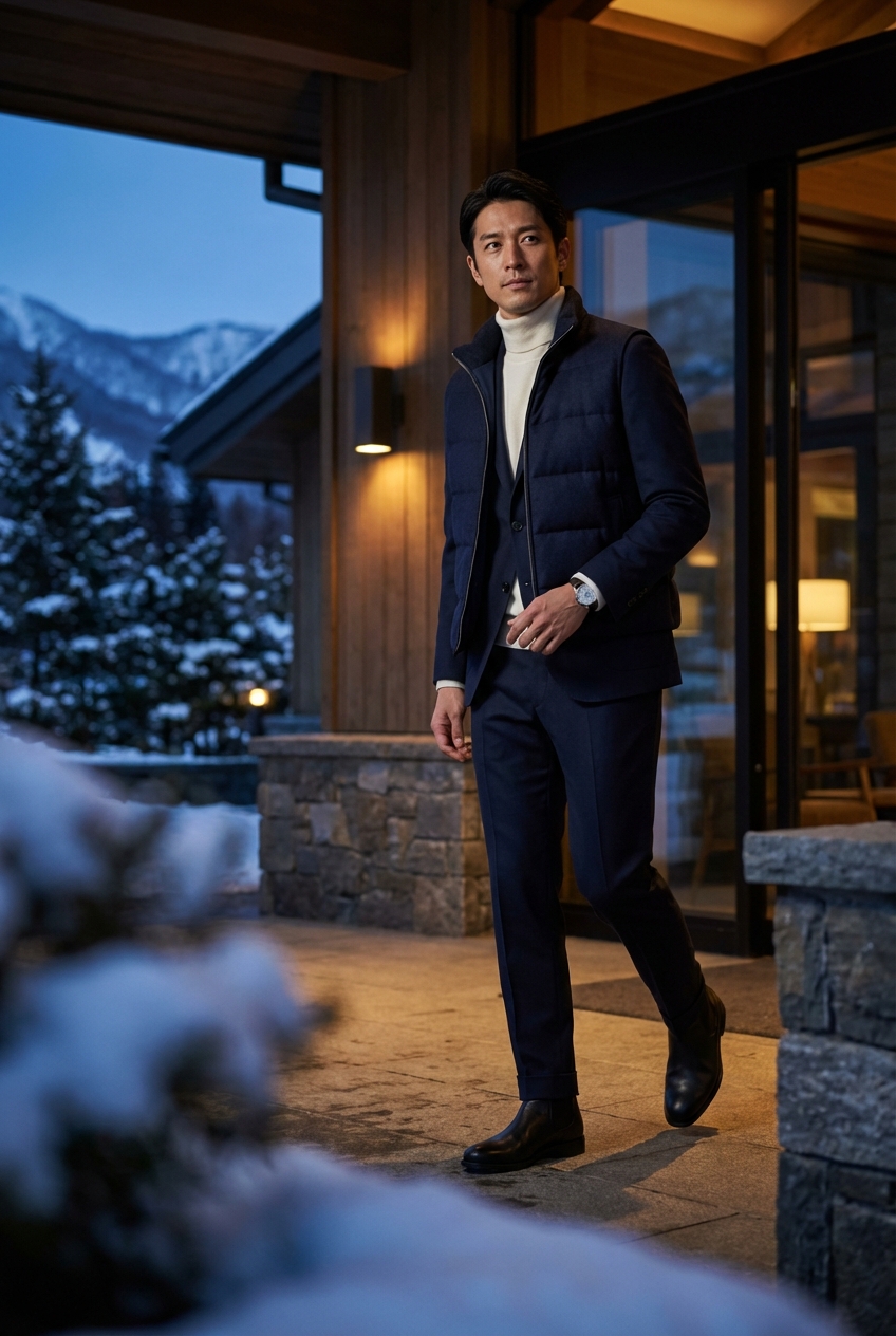 ネイビーのカシミヤ混ハイネックニットで装う、品格漂うウィンターリゾートの夕べ