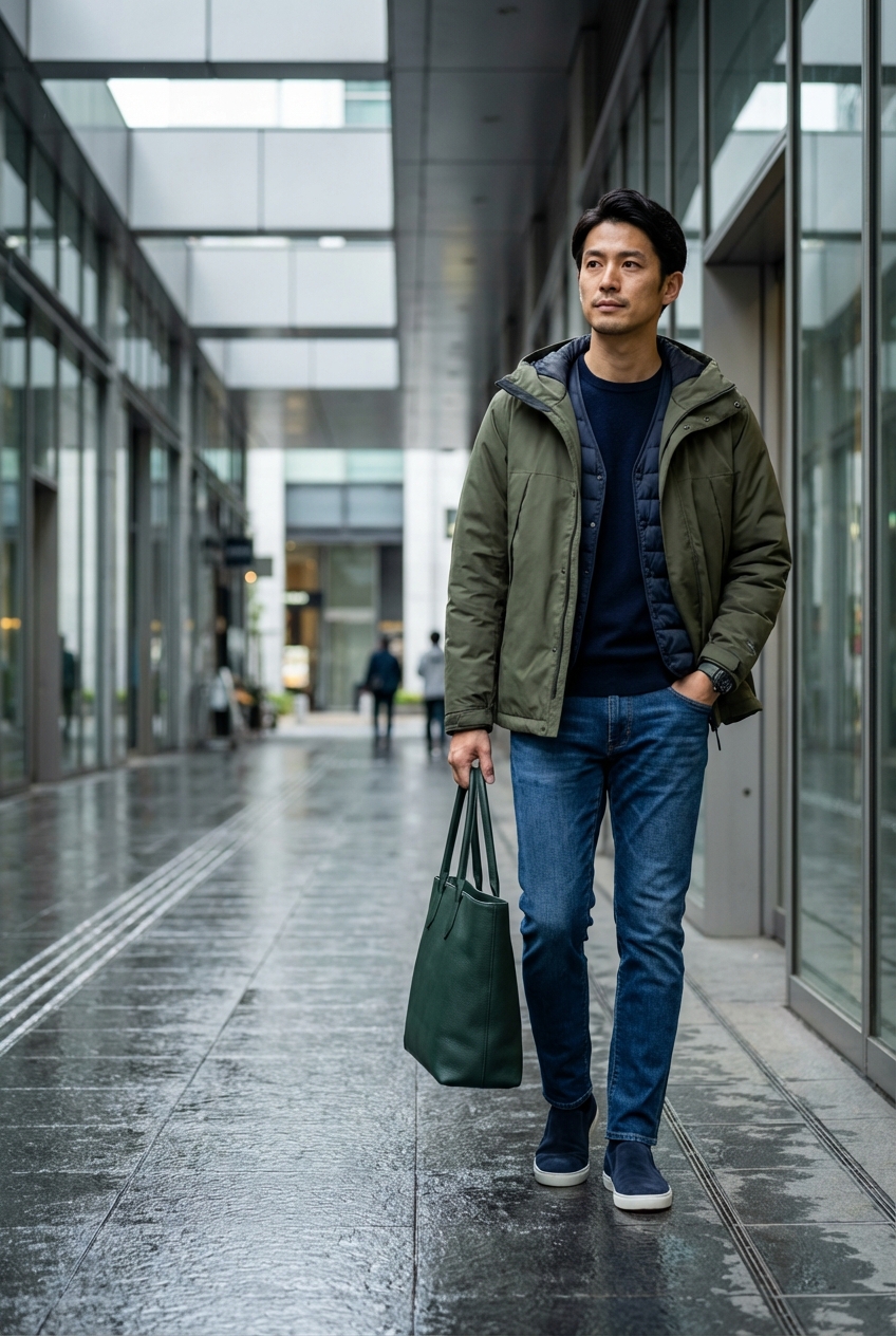 雨上がりの街に映えるオリーブの撥水テックパーカーで作る、モダンな機能美スタイル