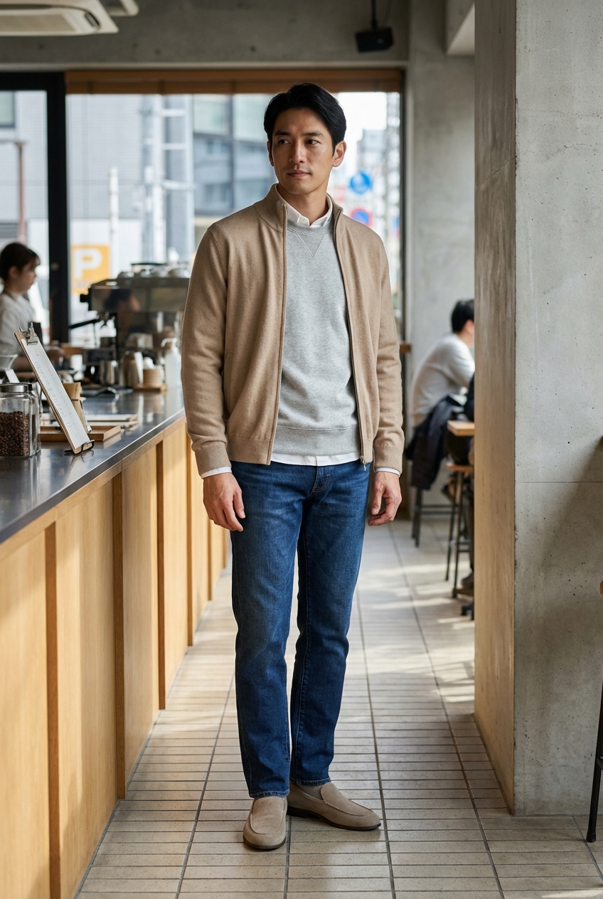 ミニマルなジップニットブルゾンとベージュで彩る、都会派のカフェワーク