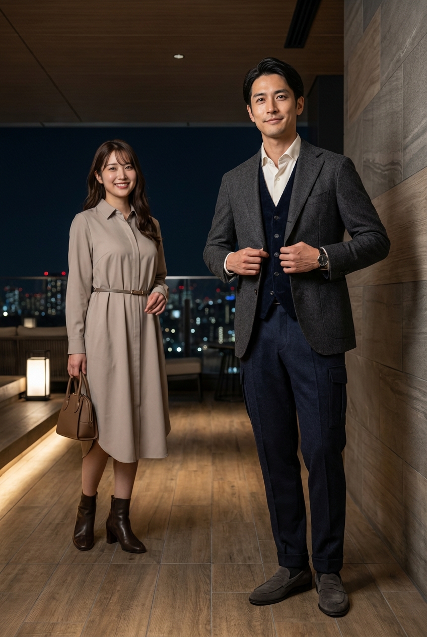 チャコールグレーの上質ウールアンコンジャケットで寛ぐ夜景ラウンジの夜