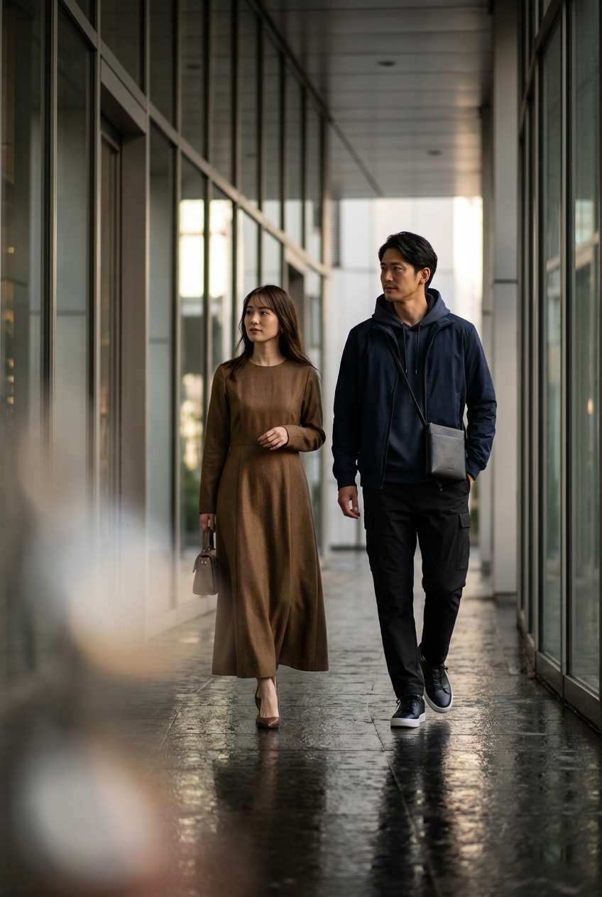 ネイビーの機能美とブラックのテックイージーパンツで歩く、雨上がりのシティ散歩