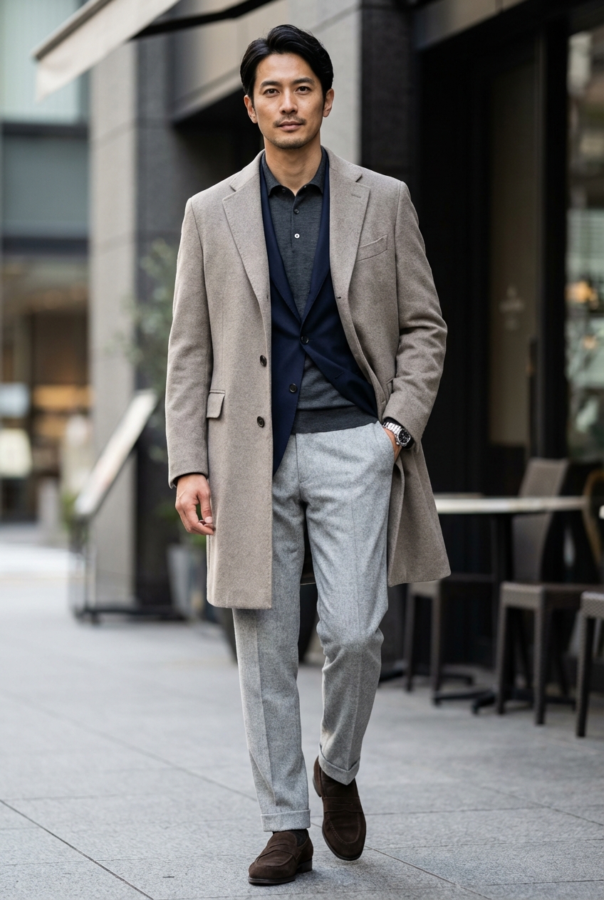 流麗なシルエットと艶やかなニットが奏でる、都会的なエグゼクティブスタイル