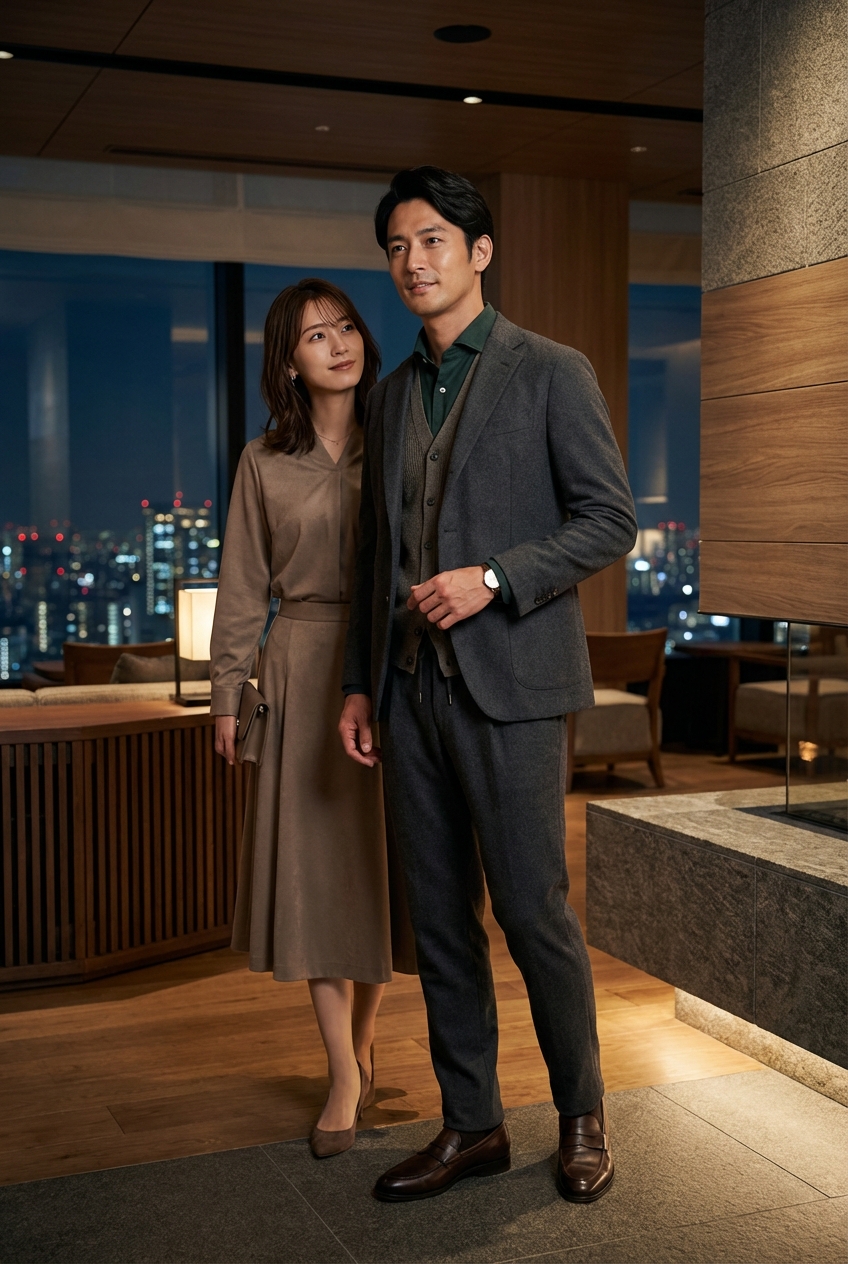 夜景に映えるチャコールグレーと足元のダークブラウンで彩る、洗練のラウンジスタイル