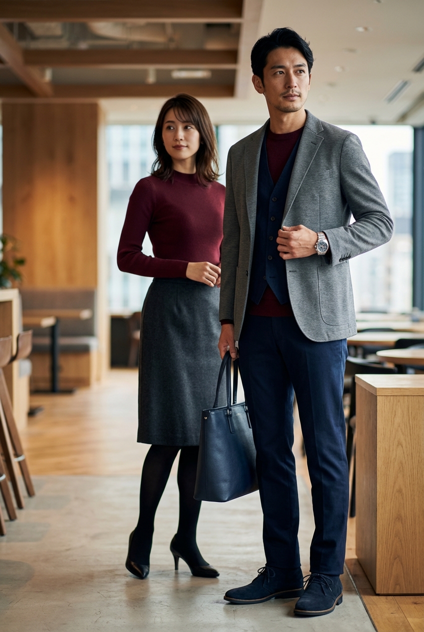 ミディアムグレーのウールジャージージャケットで魅せる、冬のネイビー・ビジネスカジュアル
