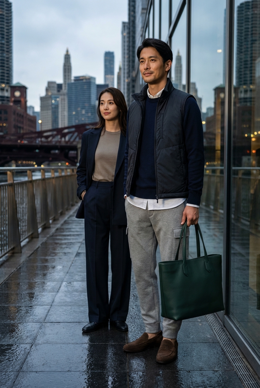 雨上がりの街を歩く、オリーブのスウェットパンツで魅せる秋の装い