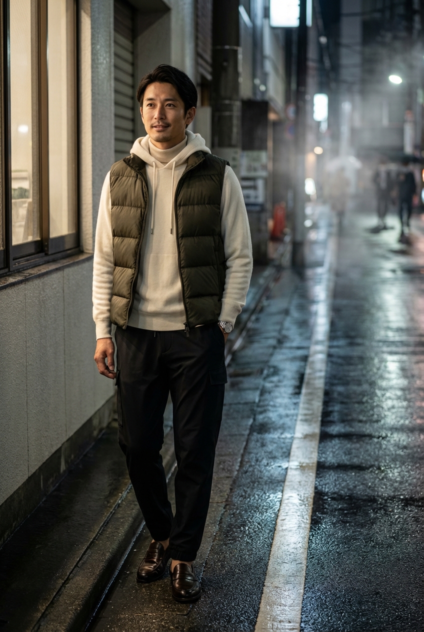 オリーブの艶を纏う雨上がりの街、ブラックのテックイージーパンツで作る都会の夜