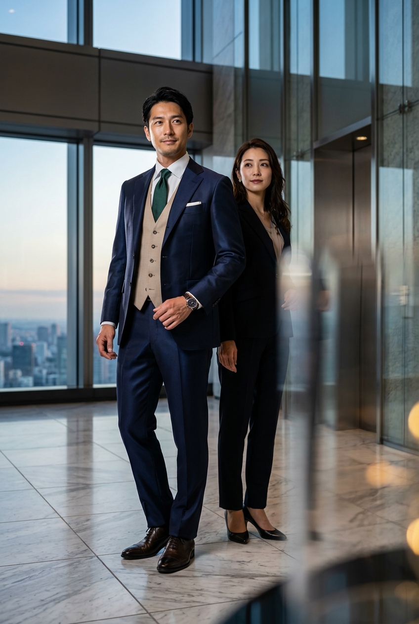 勝負のプレゼンを制する、ピークドラペルのネイビースーツとベージュの品格