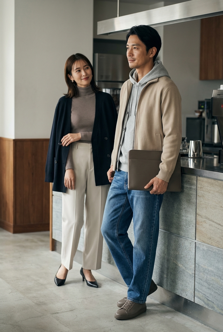 週末のカフェワークを彩るベージュのジップニットブルゾンと上質な都会的フーディ