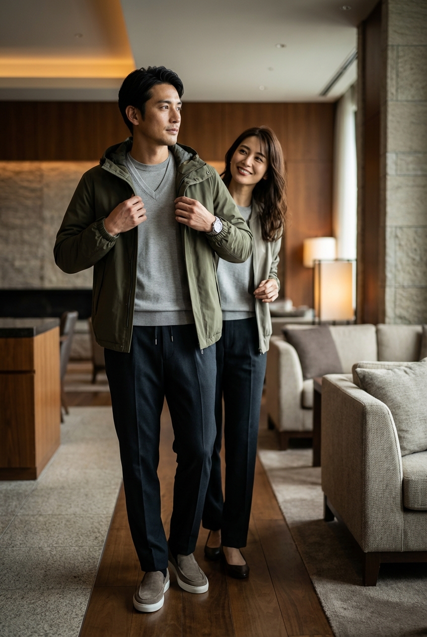 撥水素材のテックパーカーとオリーブが魅せる、夜景ラウンジのリラックススタイル