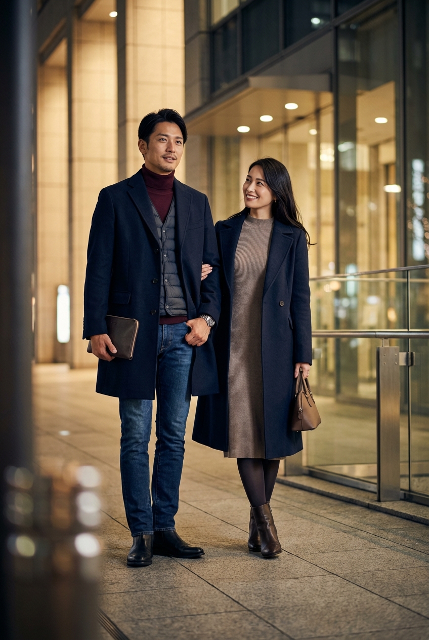 ネイビーの重厚メルトンと撥水レザーブーツで彩る、真冬の都市ナイトアウト
