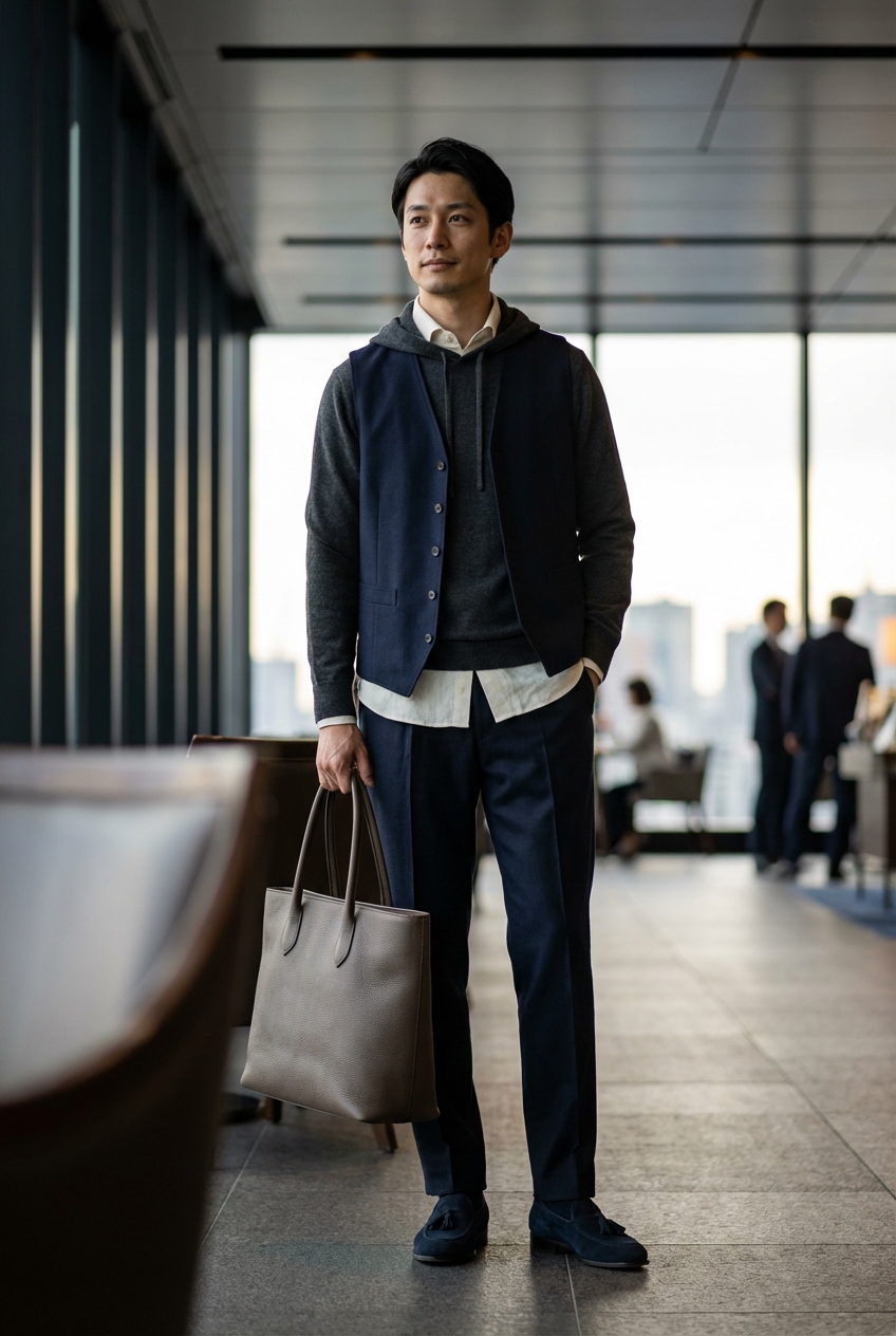 チャコールグレーの極上フーディースウェットで嗜む、都会派ラウンジの休日