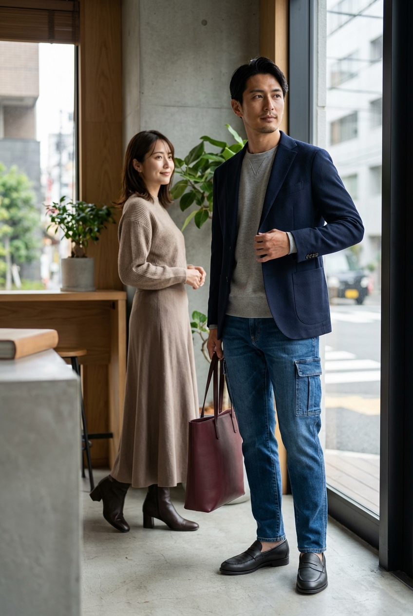 ネイビーの極上スウェットで完成させる、秋の都会的な週末カフェワーク