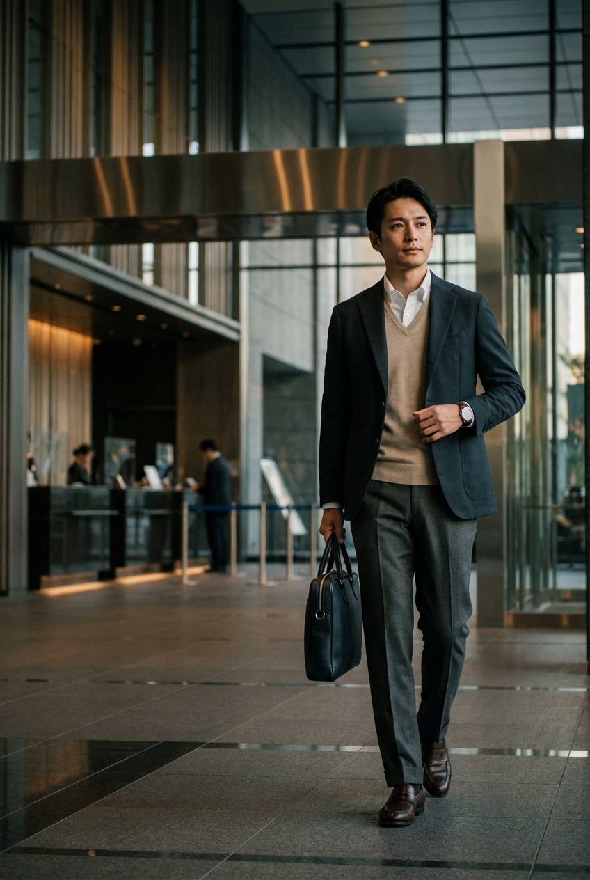 ハイゲージのVネックベストとベージュで彩る、春のエグゼクティブ出張スタイル