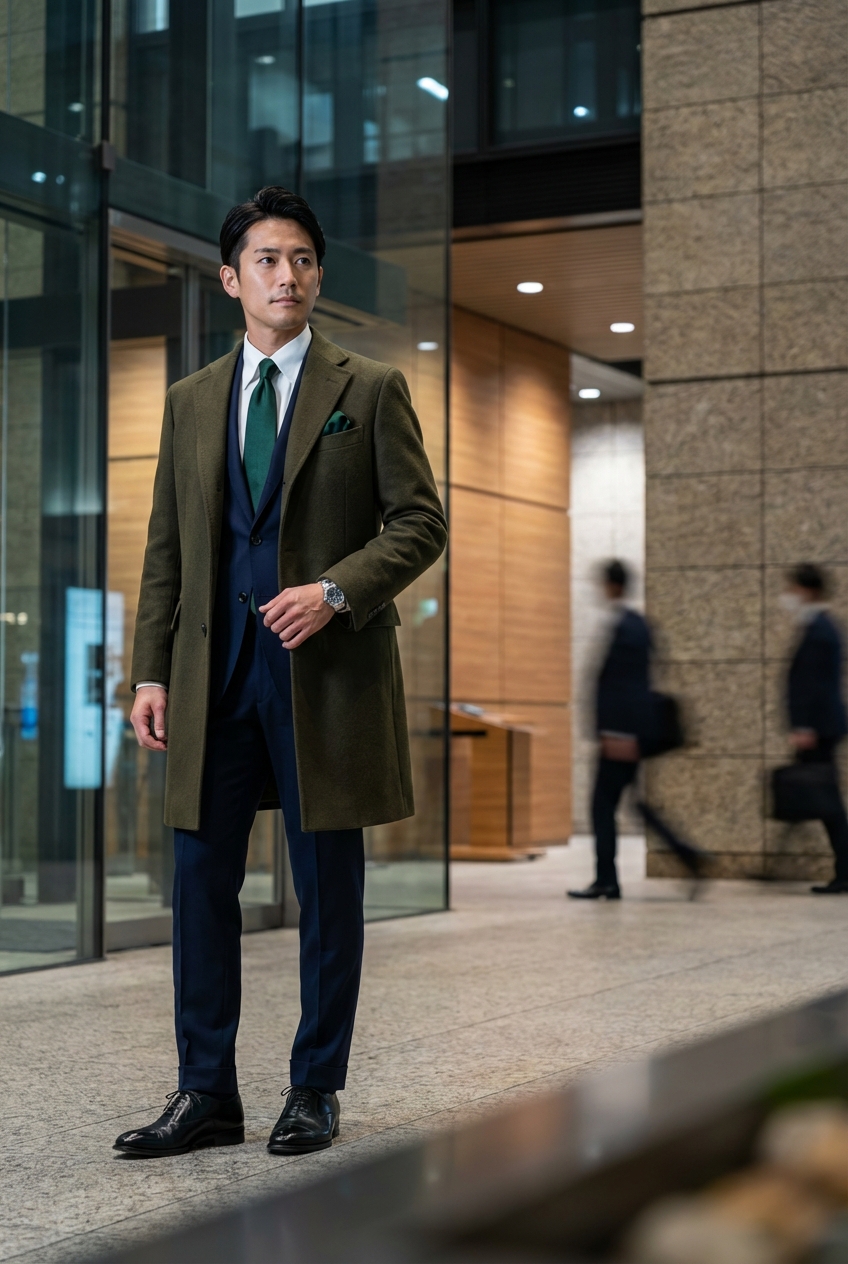 勝負のプレゼンを制するオリーブの重厚コートとネイビースーツの英国的装い
