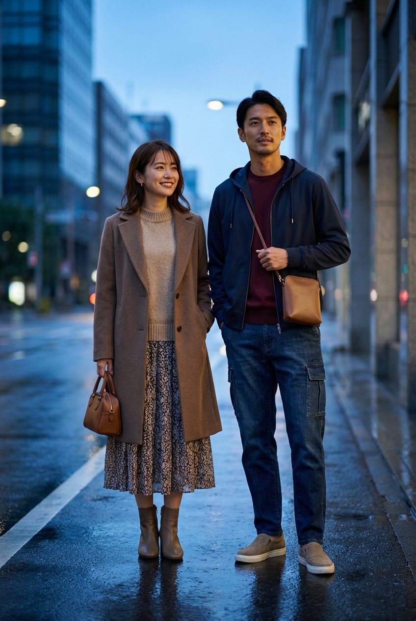 ネイビーの撥水テックパーカーが映える、雨上がりの街を軽やかに歩くアーバンスタイル