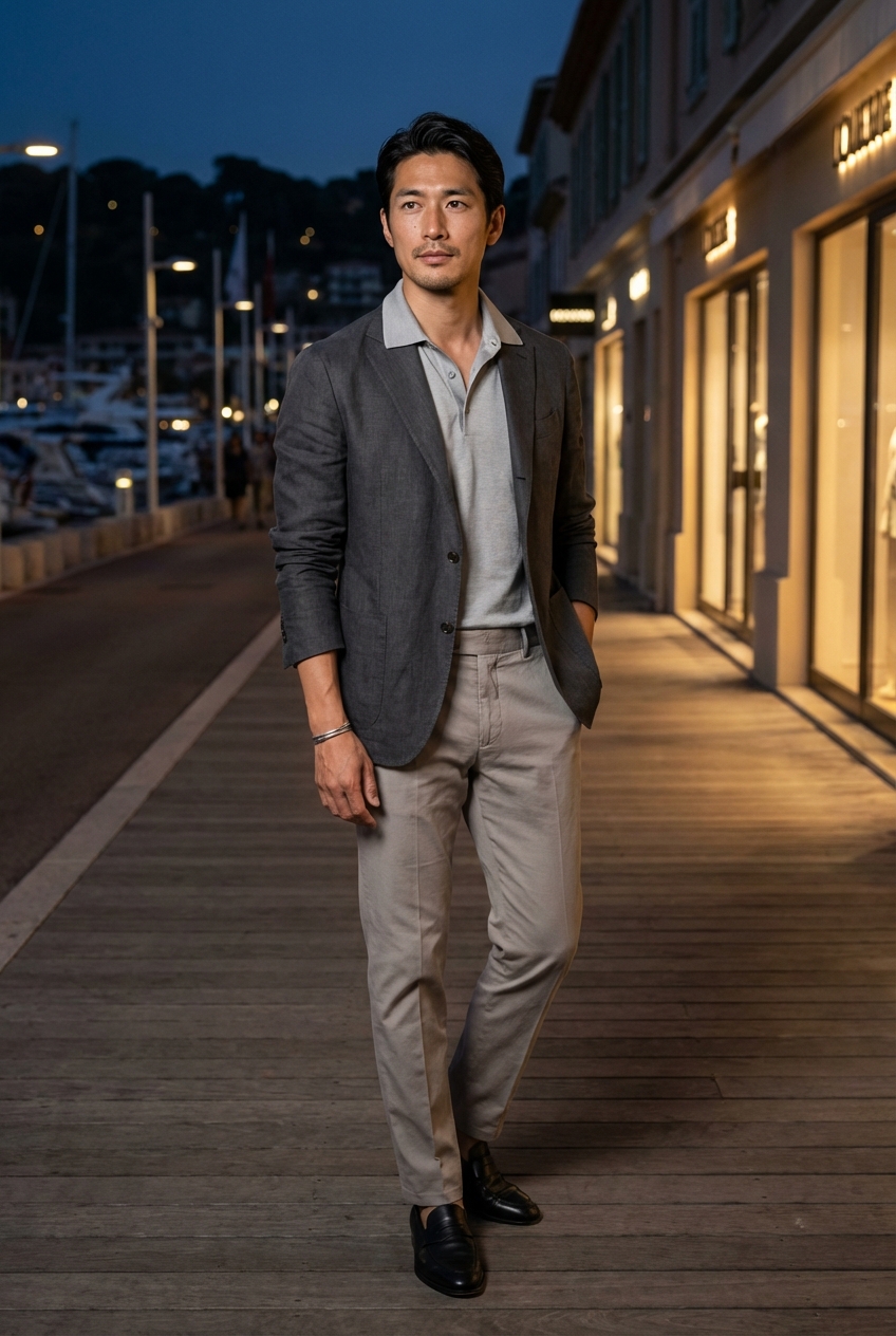 地中海リゾートの夜に映えるチャコールグレーのジャケットとライトトープのパンツ