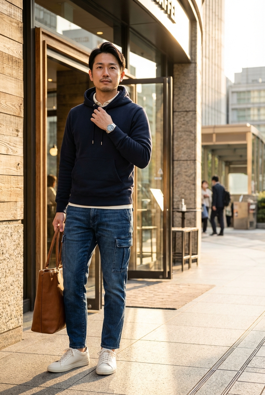 ネイビーの上質裏毛フーディースウェットで彩る週末カフェワークの装い