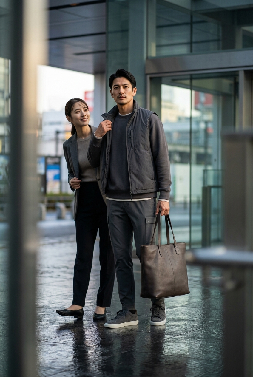 雨上がりの街に映えるチャコールグレーの高品質スウェットと機能美ベスト