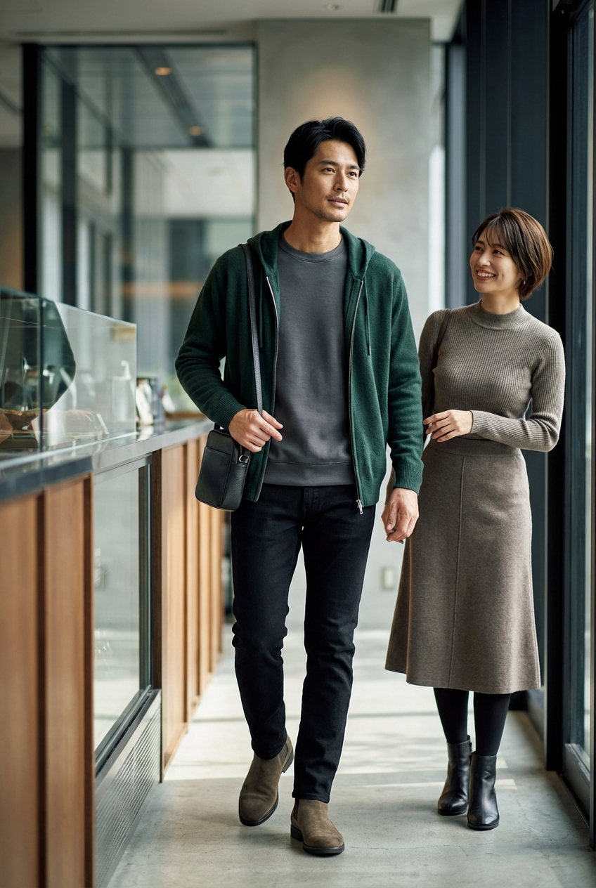 チャコールグレーのシルク混スウェットとパーカーで寛ぐ、冬のカフェワーク