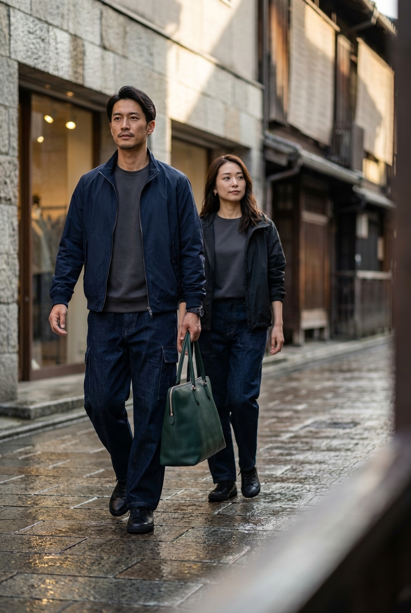 軽量シェルのショートブルゾンとチャコールグレーで歩く、雨上がりのシティ散歩。