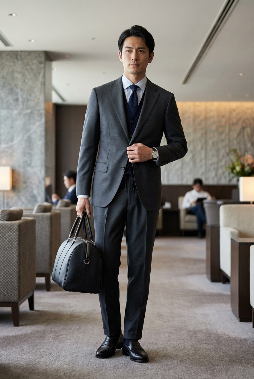 チャコールグレーのセットアップで導く、洗練された出張を彩るネイビーニットタイ