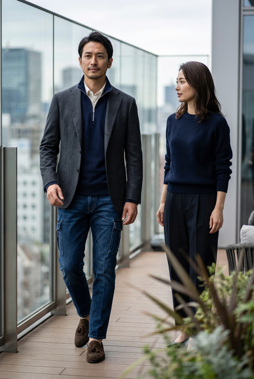 チャコールグレーのハーフジップで装う、春のラウンジでの優雅な休日