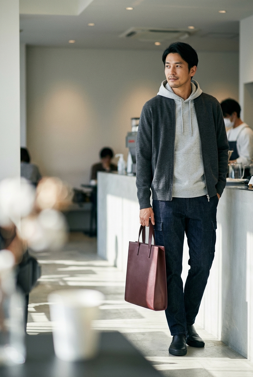 チャコールグレーのジップニットブルゾンで寛ぐ、春の洗練カフェワークスタイル