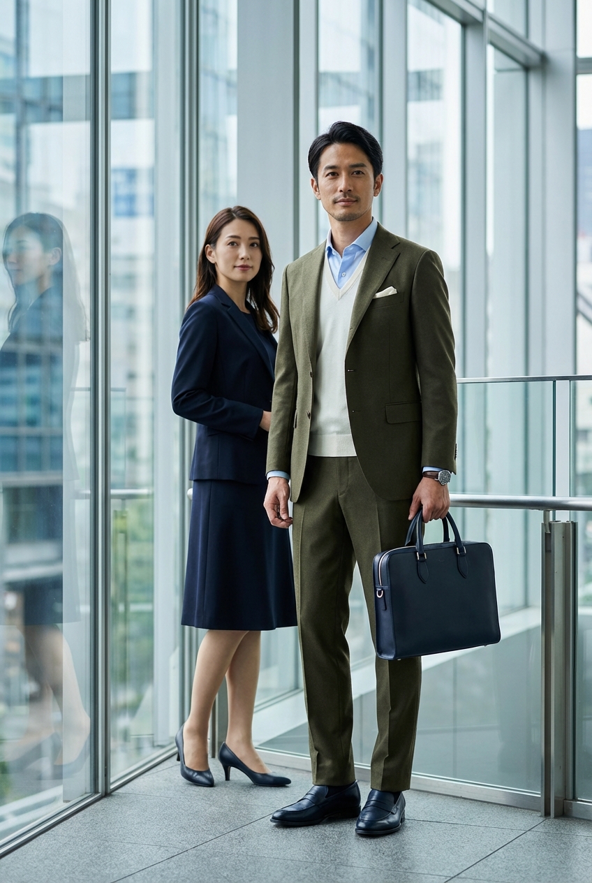 白貝ボタンのサックスブルーシャツとオリーブのセットアップで挑む勝負のプレゼン