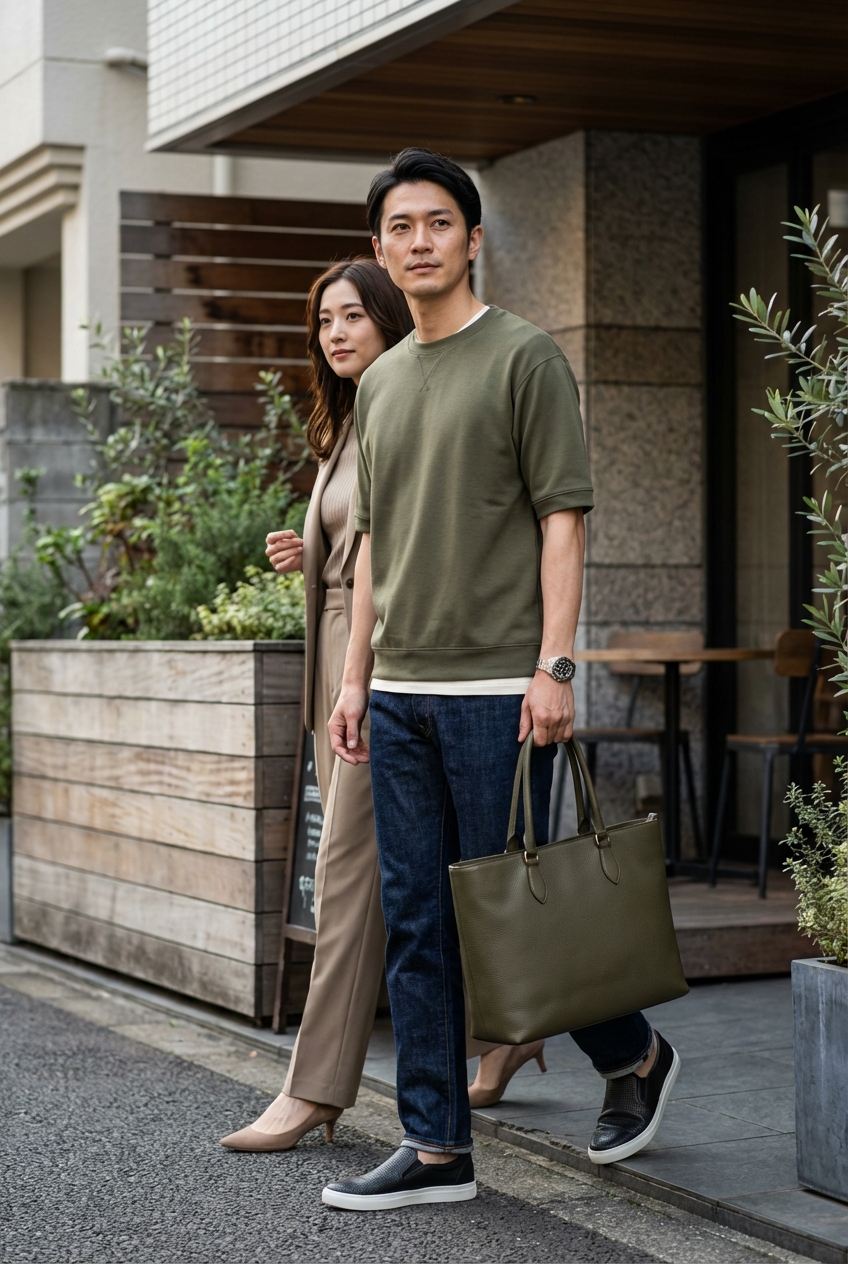 上質セルビッジデニムとオリーブのシルクスウェットで綴る週末カフェワーク
