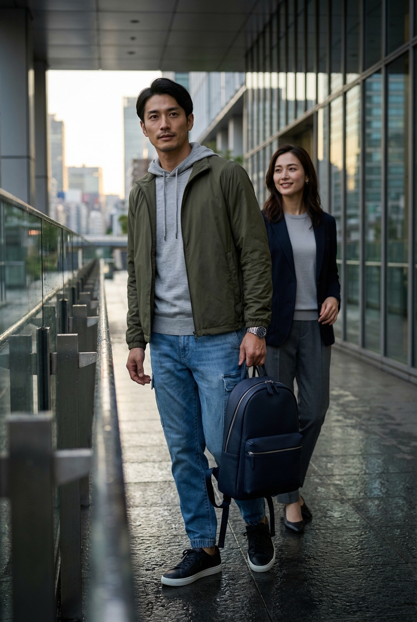 撥水テックブルゾンとオリーブの洗練、雨上がりの街を歩くスポーティミックス