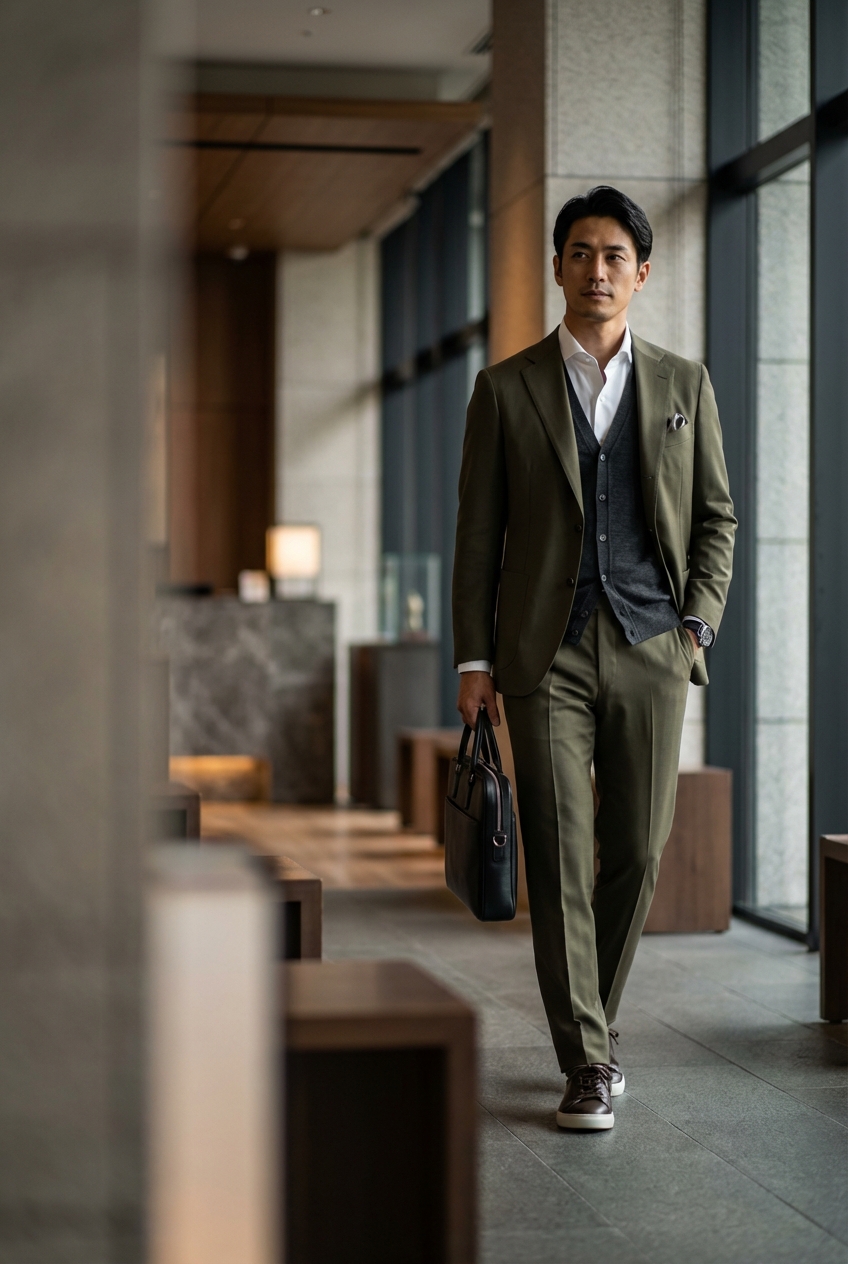 オリーブの艶とスリムブリーフケースが奏でる、出張を彩るリラックススタイル