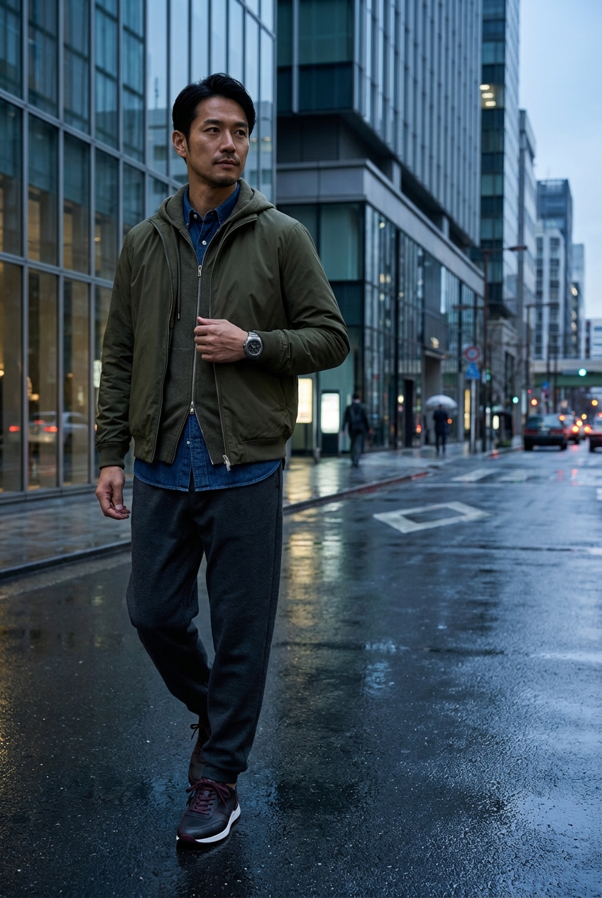 チャコールのワイドスウェットパンツとオリーブで描く雨上がりのシティ散歩